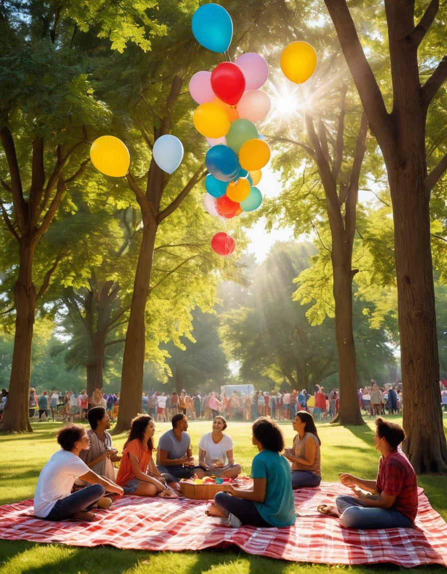 A vibrant community gathering in a park, with people of diverse backgrounds engaged in joyful activities like games, food sharing, and conversations around colorful picnic blankets. Incorporate decorations like balloons and banners expressing unity, laughter, and togetherness. Capture the warmth and intimacy in the atmosphere with rays of sunlight filtering through trees. super-realistic. vibrant colors.