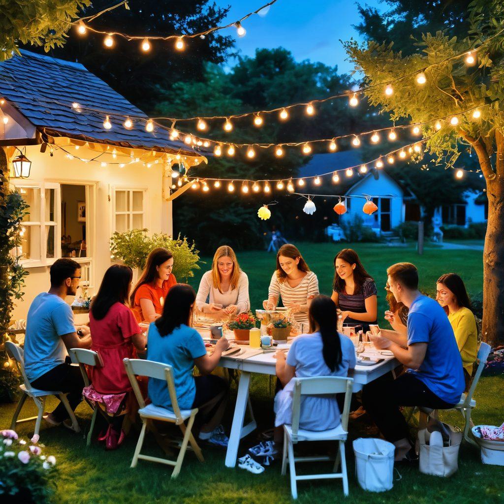 A cozy outdoor setting featuring couples engaged in creative activities, like painting and crafting, with blooming flowers and twinkling fairy lights. In the background, a diverse group of people participates in a heartwarming community workshop, all smiling and connecting. The scene should evoke feelings of warmth and togetherness, showcasing vibrant colors and an inviting atmosphere. whimsical illustration. bright colors. soft focus.