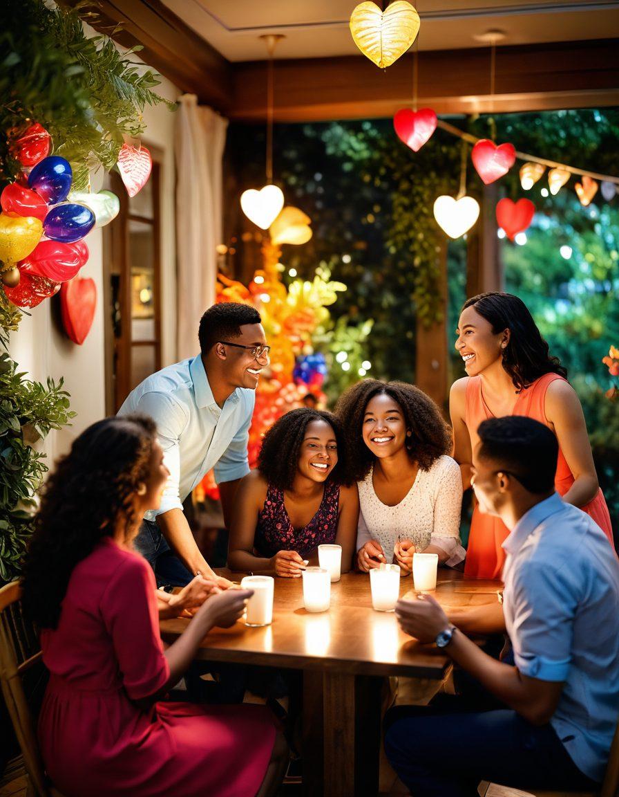 A vibrant scene depicting a diverse group of couples and friends participating in an engaging love workshop, filled with laughter and smiles. The setting features colorful decorations, cozy seating areas, and interactive activities. Soft warm lighting casts a glow on their faces, symbolizing connection and warmth. The backdrop showcases a heart motif and elements of nature to evoke a sense of harmony. super-realistic. vibrant colors. natural light.